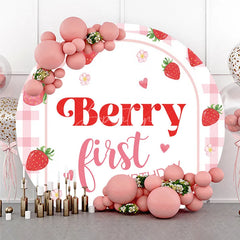Aperturee - Aperturee Pink Gingham Strawberry Berry First Birthday Round Backdrop Sweet Baby Girl Party Decoration