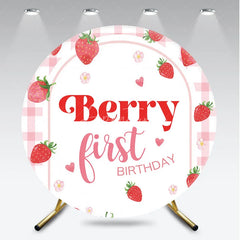 Aperturee - Aperturee Pink Gingham Strawberry Berry First Birthday Round Backdrop Sweet Baby Girl Party Decoration