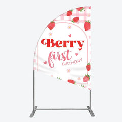 Aperturee - Aperturee Pink Gingham Strawberry Half Moon Arch Backdrop for Berry First Birthday Sweet Celebration Party Decor.