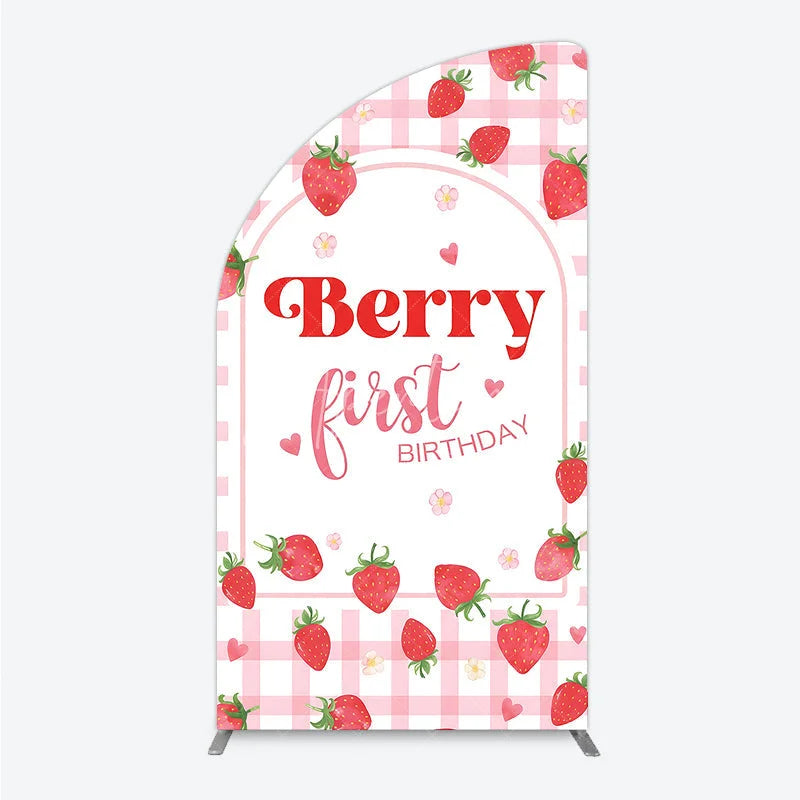 Aperturee - Aperturee Pink Gingham Strawberry Half Moon Arch Backdrop for Berry First Birthday Sweet Celebration Party Decor.