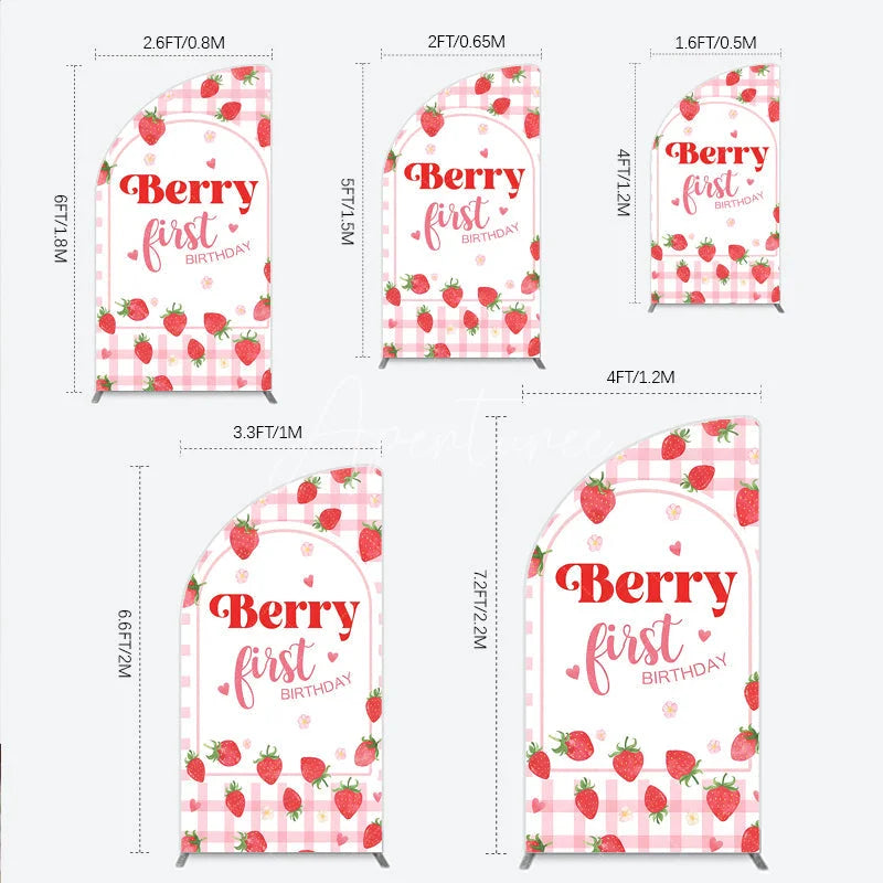 Aperturee - Aperturee Pink Gingham Strawberry Half Moon Arch Backdrop for Berry First Birthday Sweet Celebration Party Decor.