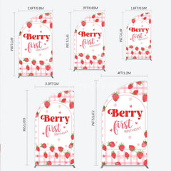 Aperturee - Aperturee Pink Gingham Strawberry Half Moon Arch Backdrop for Berry First Birthday Sweet Celebration Party Decor.