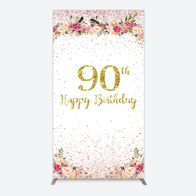 Aperturee - Aperturee Pink Glitter Floral Gold 90th Birthday Rectangle Backdrop