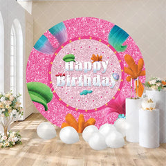 Aperturee - Aperturee Pink Glitter Round Happy Birthday Backdrop Colorful Cartoon Hair and Hat Design for Kids Party