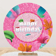 Aperturee - Aperturee Pink Glitter Round Happy Birthday Backdrop Colorful Cartoon Hair and Hat Design for Kids Party