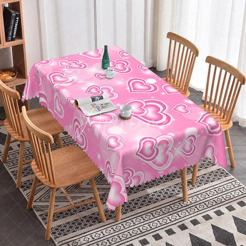 Aperturee - Aperturee Pink Glowing Heart Butterfly Rectangle Tablecloth Sweet Neon Love Pattern Valentine Girls Party Decor