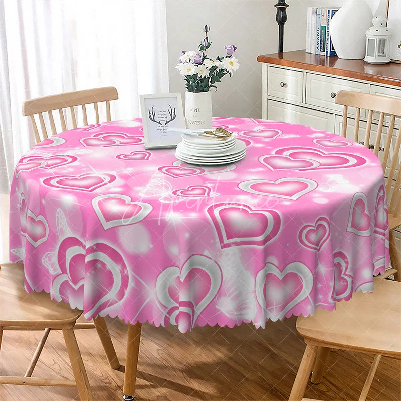 Aperturee - Aperturee Pink Glowing Heart Butterfly Round Tablecloth Dreamy Shiny Love Table Cover for Wedding
