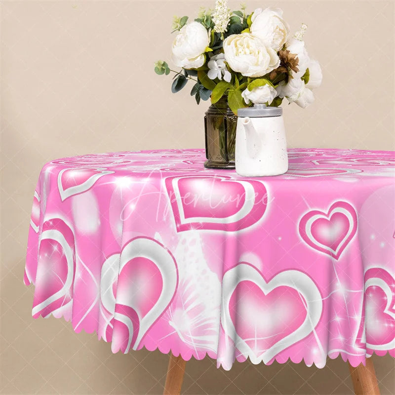 Aperturee - Aperturee Pink Glowing Heart Butterfly Round Tablecloth Dreamy Shiny Love Table Cover for Wedding