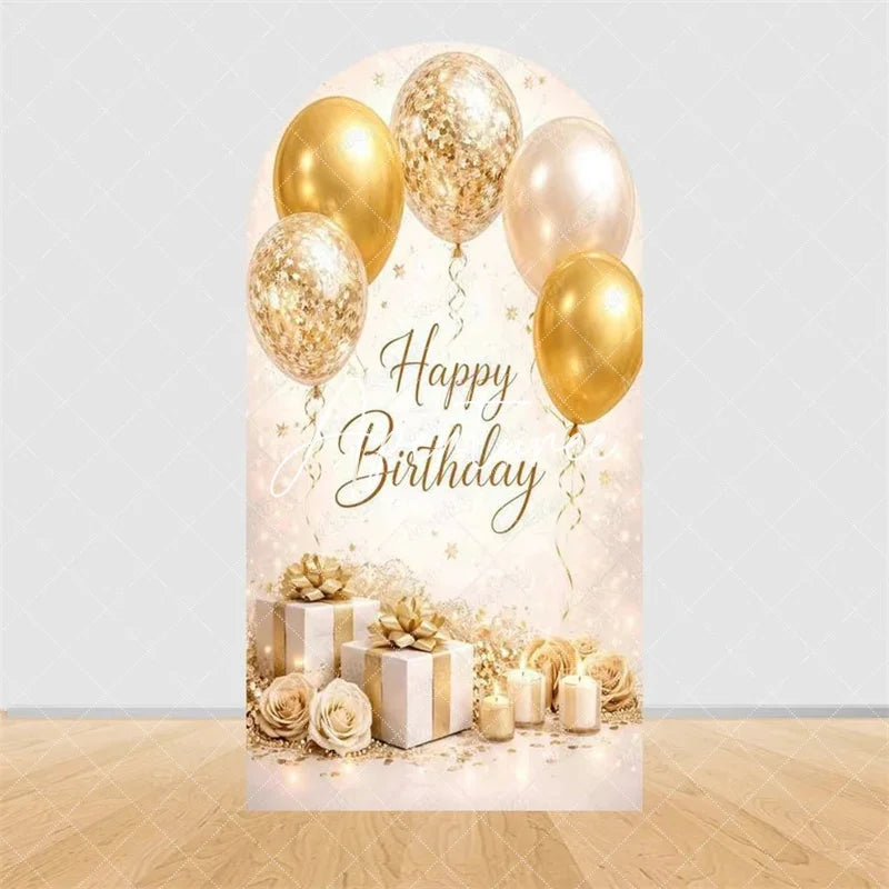 Aperturee - Aperturee Pink Gold Balloons Cake Arch Backdrop Happy Birthday Party Arch Cover with Gifts Decor