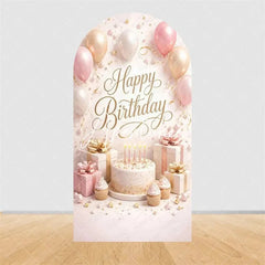 Aperturee - Aperturee Pink Gold Balloons Cake Arch Backdrop Happy Birthday Party Arch Cover with Gifts Decor