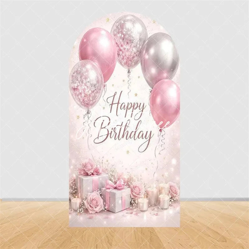 Aperturee - Aperturee Pink Gold Balloons Cake Arch Backdrop Happy Birthday Party Arch Cover with Gifts Decor