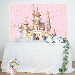 Aperturee Aperturee Pink Gold Cartoon Castle Happy Birthday Backdrop