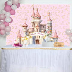 Aperturee Aperturee Pink Gold Cartoon Castle Happy Birthday Backdrop