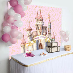 Aperturee Aperturee Pink Gold Cartoon Castle Happy Birthday Backdrop