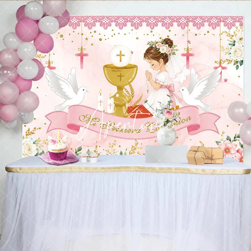 Aperturee - Aperturee Pink Gold First Communion Praying Girl with Chalice Doves Floral Birthday Backdrop Mi Primera Comunion Party Decor