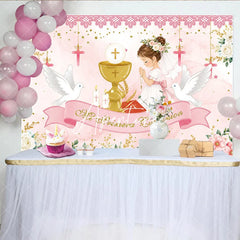 Aperturee - Aperturee Pink Gold First Communion Praying Girl with Chalice Doves Floral Birthday Backdrop Mi Primera Comunion Party Decor