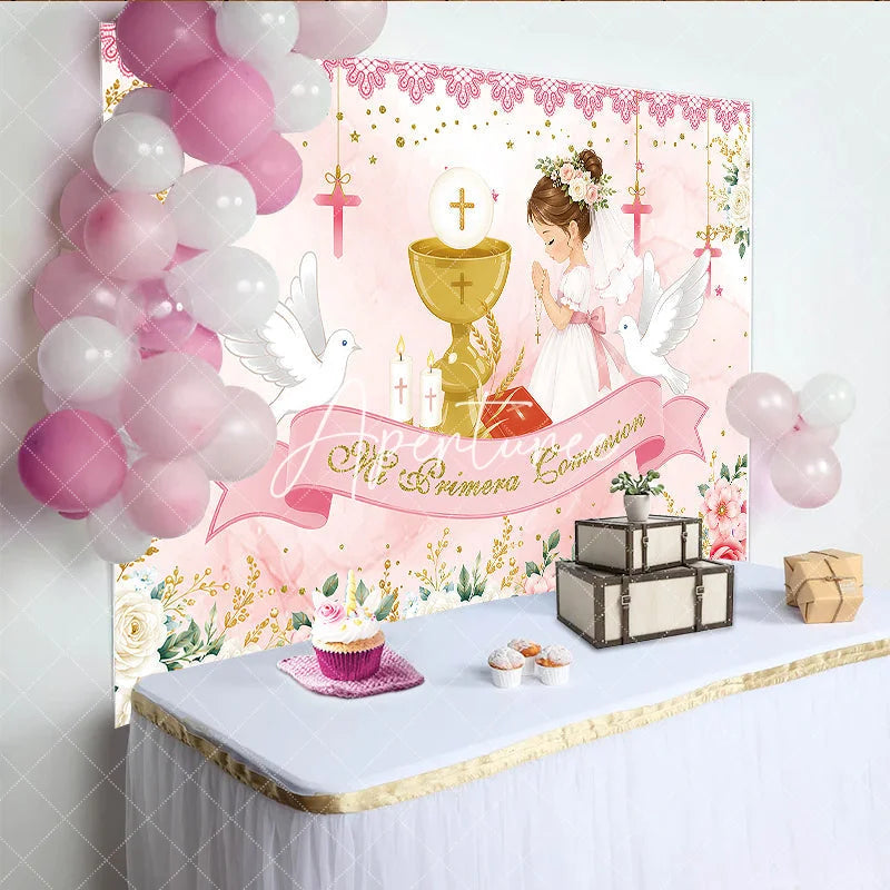 Aperturee - Aperturee Pink Gold First Communion Praying Girl with Chalice Doves Floral Birthday Backdrop Mi Primera Comunion Party Decor