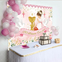 Aperturee - Aperturee Pink Gold First Communion Praying Girl with Chalice Doves Floral Birthday Backdrop Mi Primera Comunion Party Decor