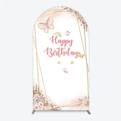Aperturee - Aperturee Pink Gold Glitter Butterfly Round Top Arch Backdrop Happy Birthday Elegant Floral Party Decoration