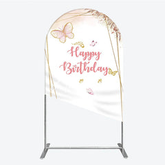 Aperturee - Aperturee Pink Gold Glitter Butterfly Round Top Arch Backdrop Happy Birthday Elegant Floral Party Decoration