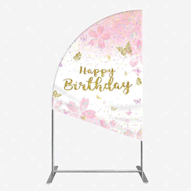 Aperturee - Aperturee Pink Gold Glitter Happy Birthday Half Moon Arch Backdrop with Cherry Blossoms and Butterflies Pastel Confetti Decor