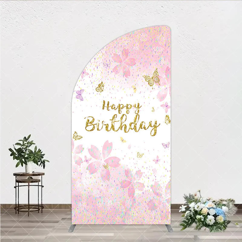 Aperturee - Aperturee Pink Gold Glitter Happy Birthday Half Moon Arch Backdrop with Cherry Blossoms and Butterflies Pastel Confetti Decor