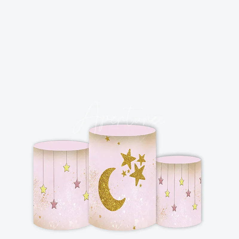 Aperturee - Aperturee Pink Gold Glitter Moon and Stars Cylinder Pedestal Cover Dreamy Celestial Baby Shower Birthday Party Decor