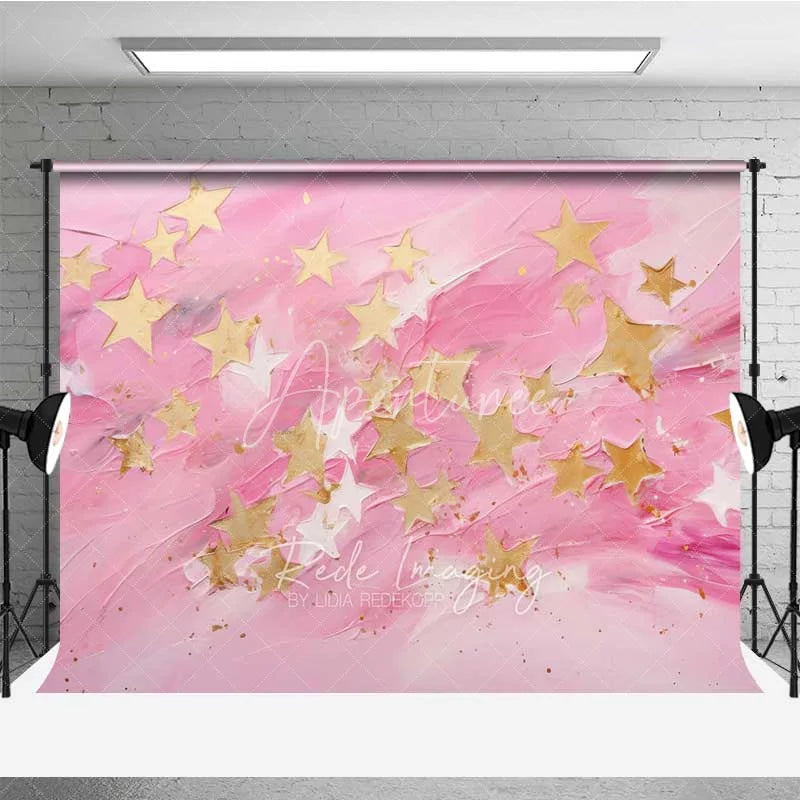 Aperturee - Aperturee Pink Gold Star Photography Backdrop Abstract Textured Painting Photo Background Cute Celestial Sky Photo Booth Prop