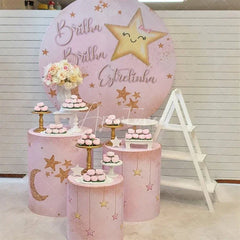 Aperturee - Aperturee Pink Gold Twinkle Little Star Round Backdrop Kit Baby Shower Birthday Party Decor