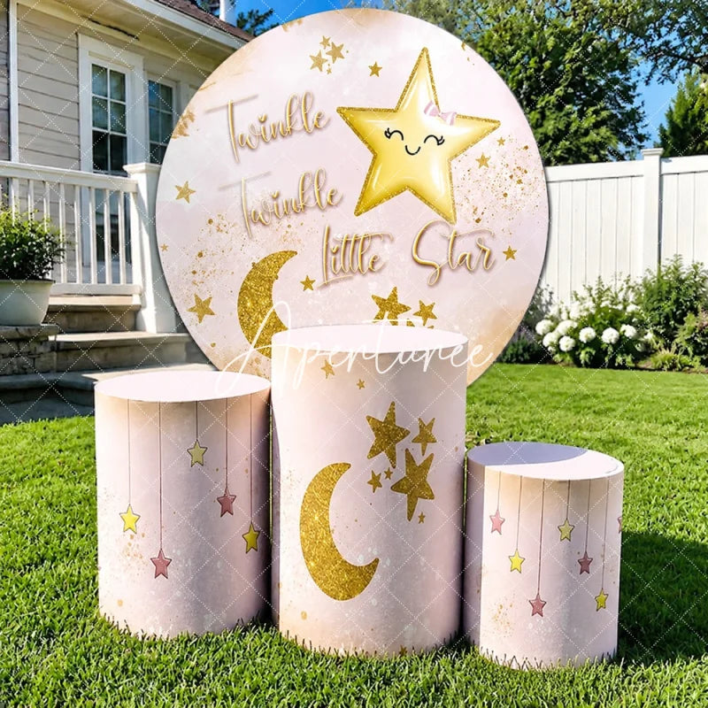 Aperturee - Aperturee Pink Gold Twinkle Little Star Round Backdrop Kit Baby Shower Birthday Party Decor