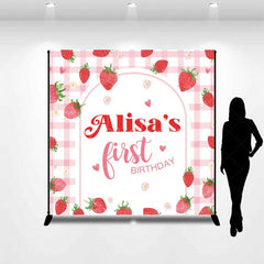 Aperturee - Aperturee Pink Grid Strawberry Girl Custom Birthday Backdrop