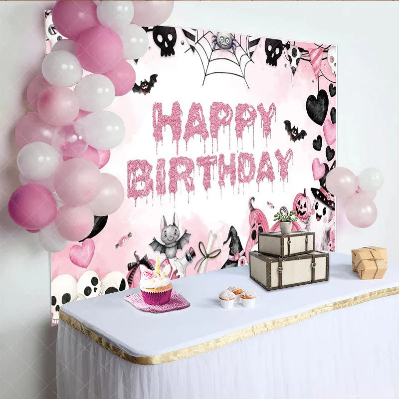 Aperturee - Aperturee Pink Halloween Happy Birthday Backdrop for Girls Spooky Cute Ghost Skulls and Pumpkins Girly Gothic Party Decor