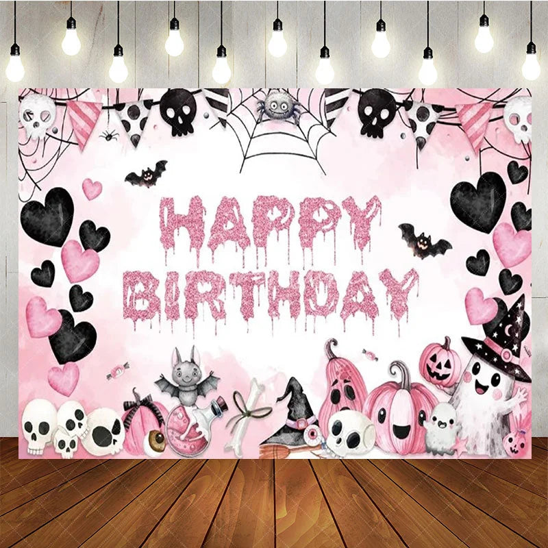 Aperturee - Aperturee Pink Halloween Happy Birthday Backdrop for Girls Spooky Cute Ghost Skulls and Pumpkins Girly Gothic Party Decor