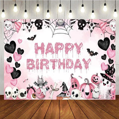 Aperturee - Aperturee Pink Halloween Happy Birthday Backdrop for Girls Spooky Cute Ghost Skulls and Pumpkins Girly Gothic Party Decor