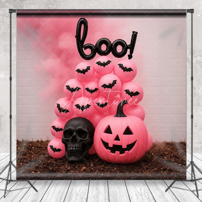 Aperturee - Aperturee Pink Halloween Photography Backdrop Boo Balloons with Pink Pumpkins Girly Gothic Spooky Party Photo Booth