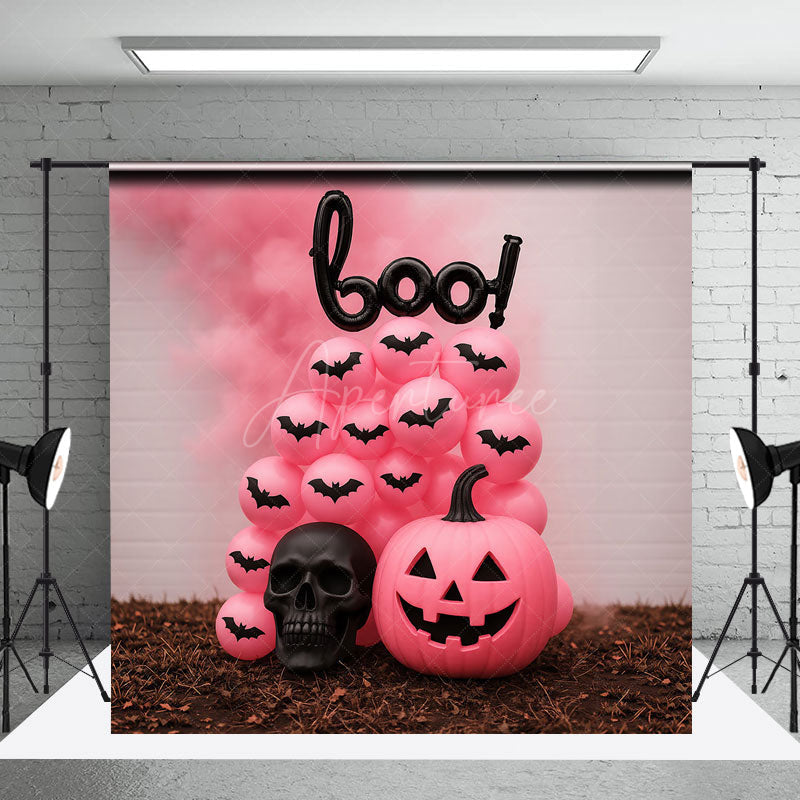 Aperturee - Aperturee Pink Halloween Photography Backdrop Boo Balloons with Pink Pumpkins Girly Gothic Spooky Party Photo Booth
