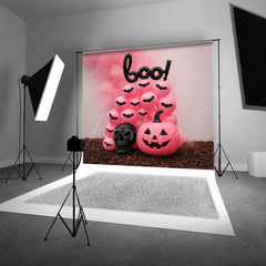 Aperturee - Aperturee Pink Halloween Photography Backdrop Boo Balloons with Pink Pumpkins Girly Gothic Spooky Party Photo Booth