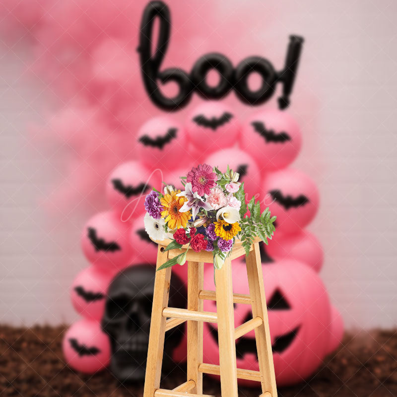 Aperturee - Aperturee Pink Halloween Photography Backdrop Boo Balloons with Pink Pumpkins Girly Gothic Spooky Party Photo Booth