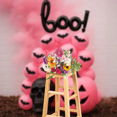 Aperturee - Aperturee Pink Halloween Photography Backdrop Boo Balloons with Pink Pumpkins Girly Gothic Spooky Party Photo Booth