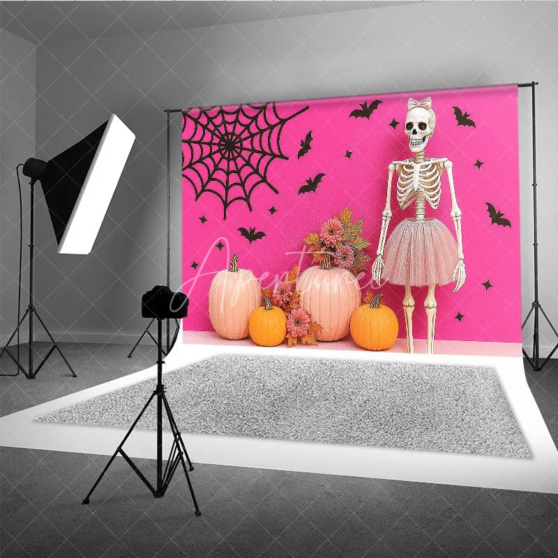 Aperturee - Aperturee Pink Halloween Photography Backdrop with Skeleton in a Tutu Pink Pumpkins Girly Gothic Spooky Party Decor