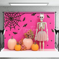 Aperturee - Aperturee Pink Halloween Photography Backdrop with Skeleton in a Tutu Pink Pumpkins Girly Gothic Spooky Party Decor