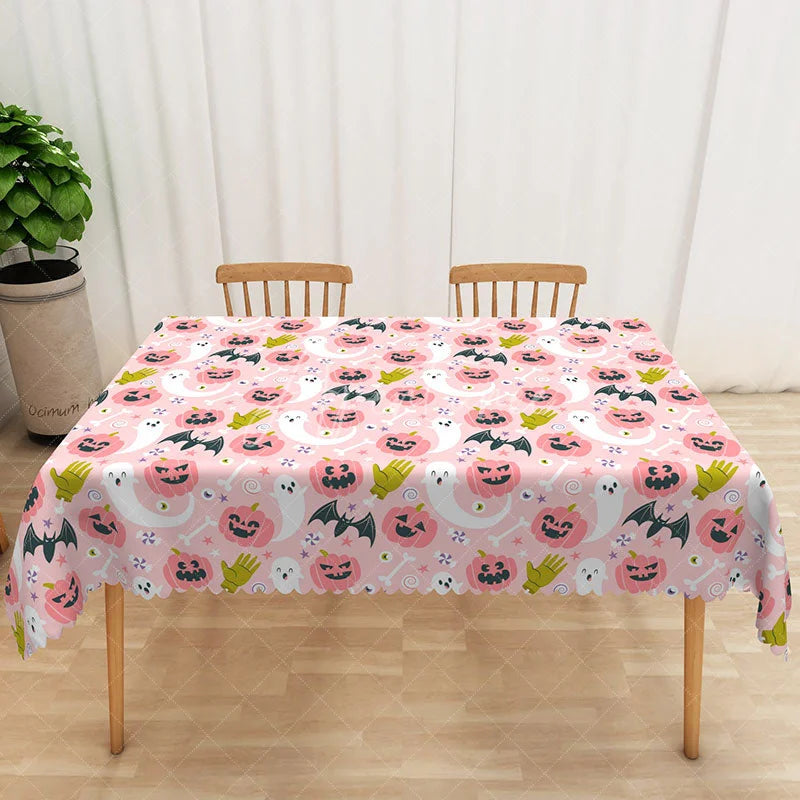 Aperturee - Aperturee Pink Halloween Rectangle Tablecloth with Jack o’ Lanterns for Cute and Girly Spooky Party Decor