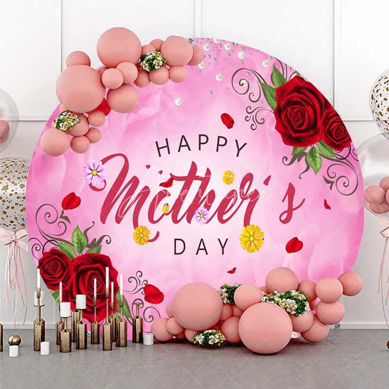 Aperturee - Aperturee Pink Happy Mother’s Day Round Backdrop with Red Roses Pearls and Glitter Elegant Floral Decor