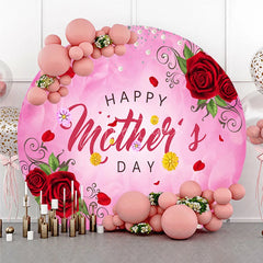 Aperturee - Aperturee Pink Happy Mother’s Day Round Backdrop with Red Roses Pearls and Glitter Elegant Floral Decor
