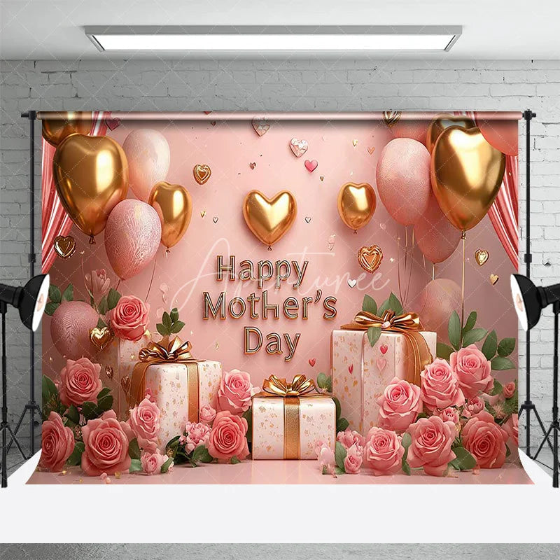 Aperturee - Aperturee Pink Happy Mothers Day Floral Room Set Backdrop Gold Balloons Gift Box Photography Background