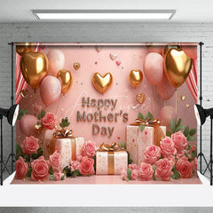 Aperturee - Aperturee Pink Happy Mothers Day Floral Room Set Backdrop Gold Balloons Gift Box Photography Background