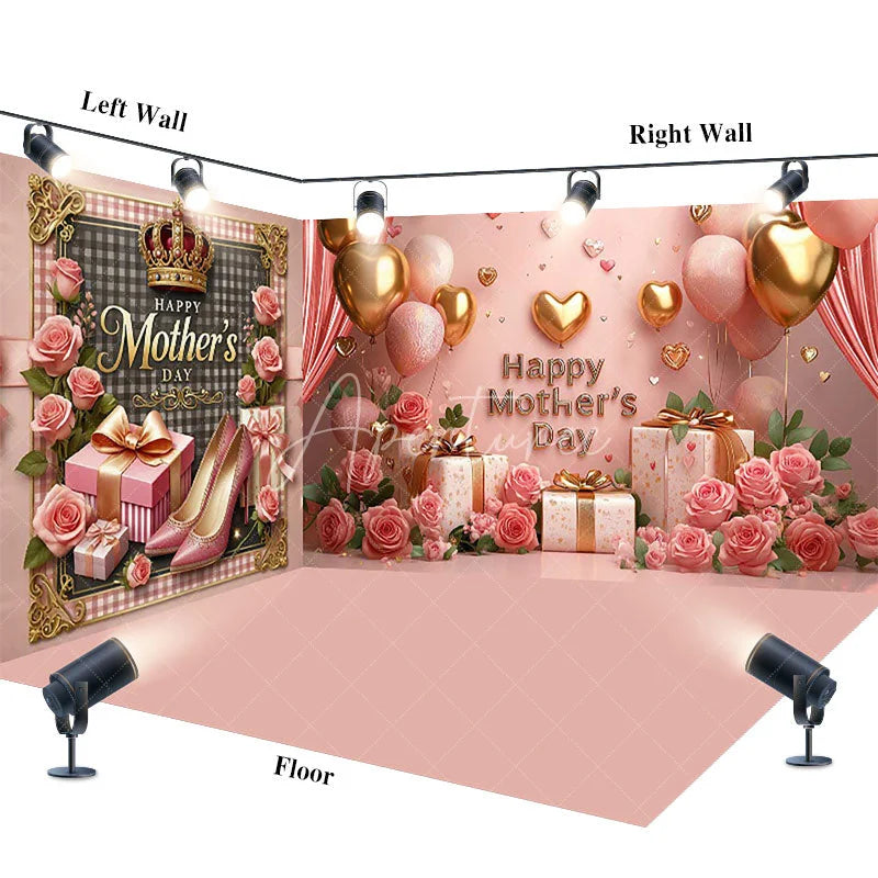 Aperturee - Aperturee Pink Happy Mothers Day Floral Room Set Backdrop Gold Balloons Gift Box Photography Background