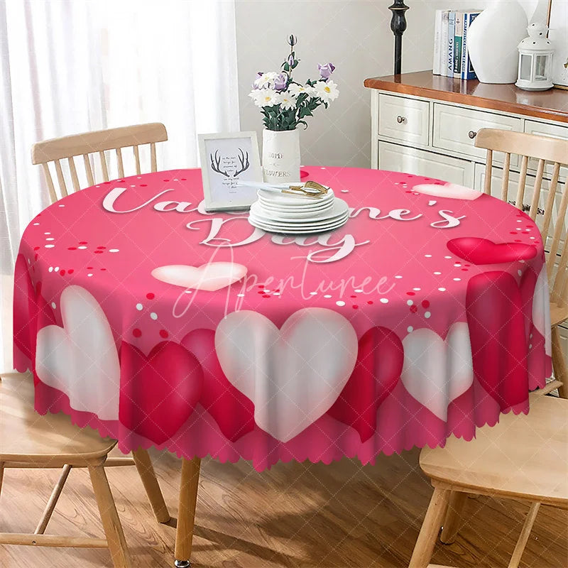 Aperturee - Aperturee Pink Happy Valentines Day Round Tablecloth White Red Heart Love Pattern Table Cover for Party