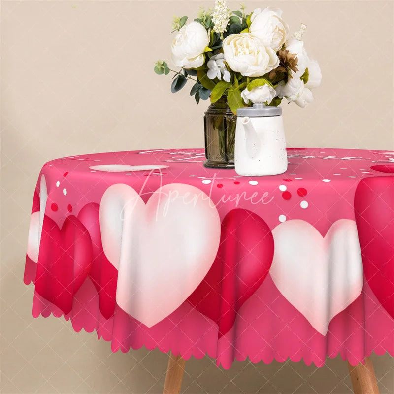 Aperturee - Aperturee Pink Happy Valentines Day Round Tablecloth White Red Heart Love Pattern Table Cover for Party