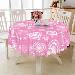 Aperturee - Aperturee Pink Heart Butterfly Round Tablecloth Romantic White Love Pattern Table Cover Valentine Day Party Decor